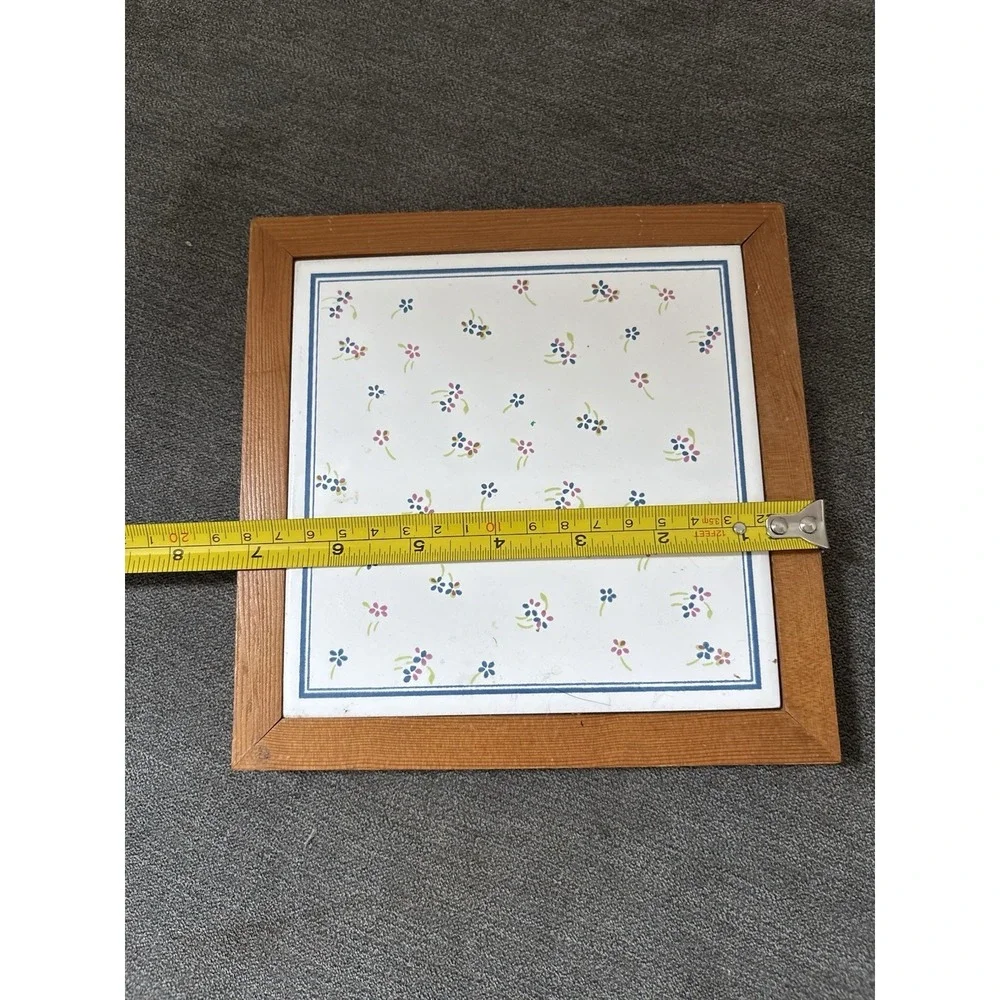 Trivet Ceramic Tile Wood Frame Country Core Whimsical Flowers